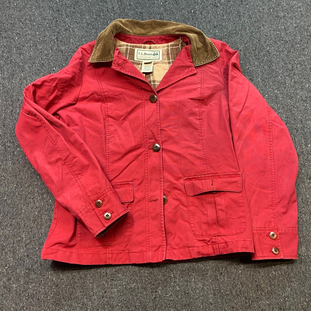 LL Bean Barn Jacket Sz L Womens Red Gorpcore Plaid Lined Corduroy Collar Utility